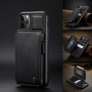 Black Wallet Card Case Magnet Flip Zip Cover For iPhone13 Pro（6.1）